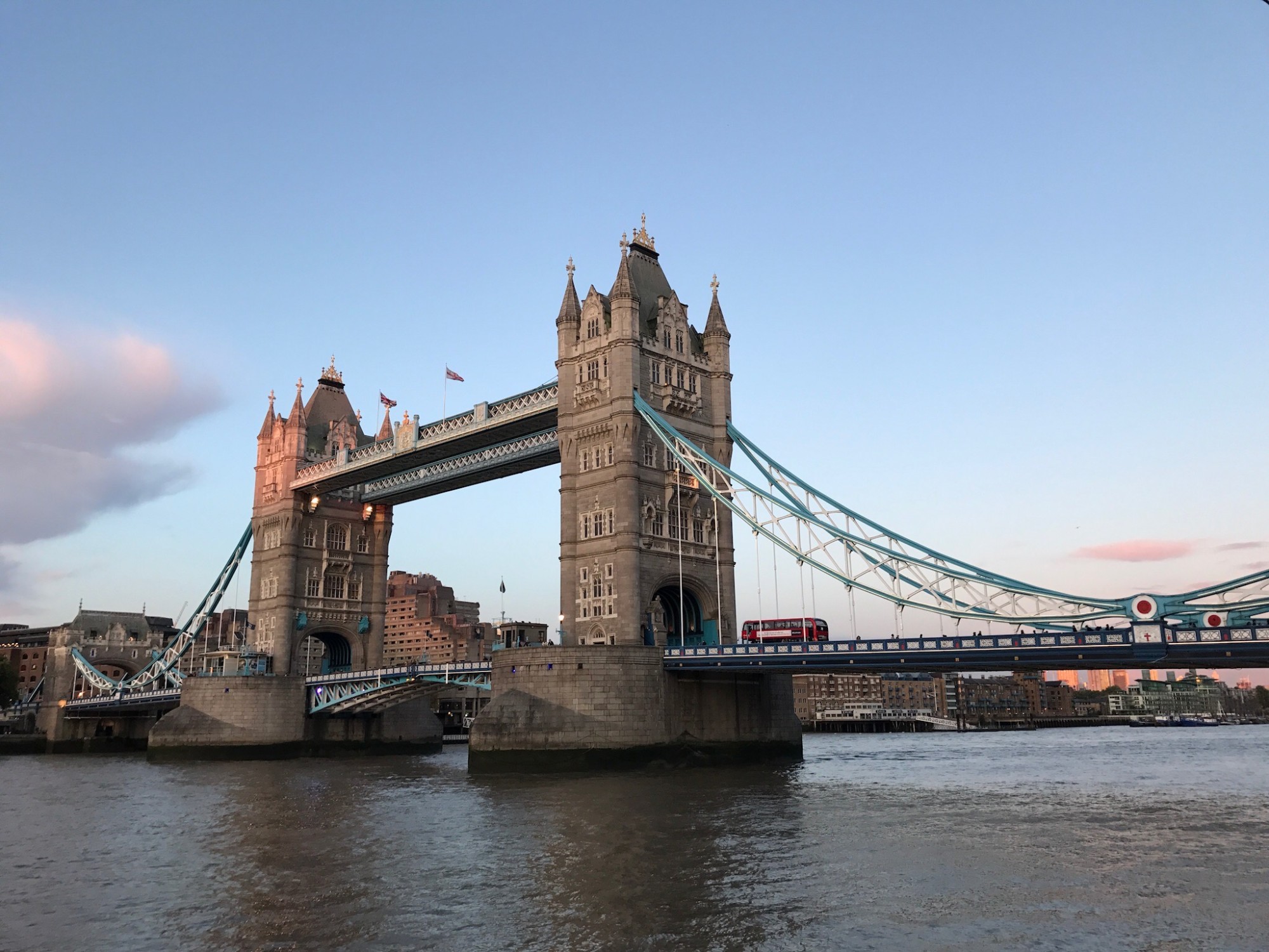 A view of Tower Bridge in London on a sunny day