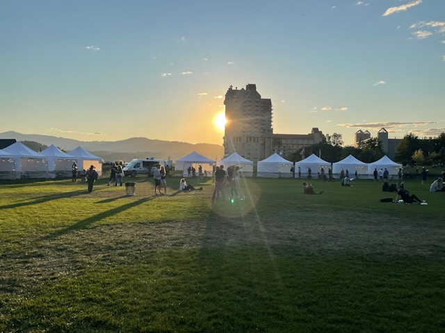 White tents in a row in a field during the sunset