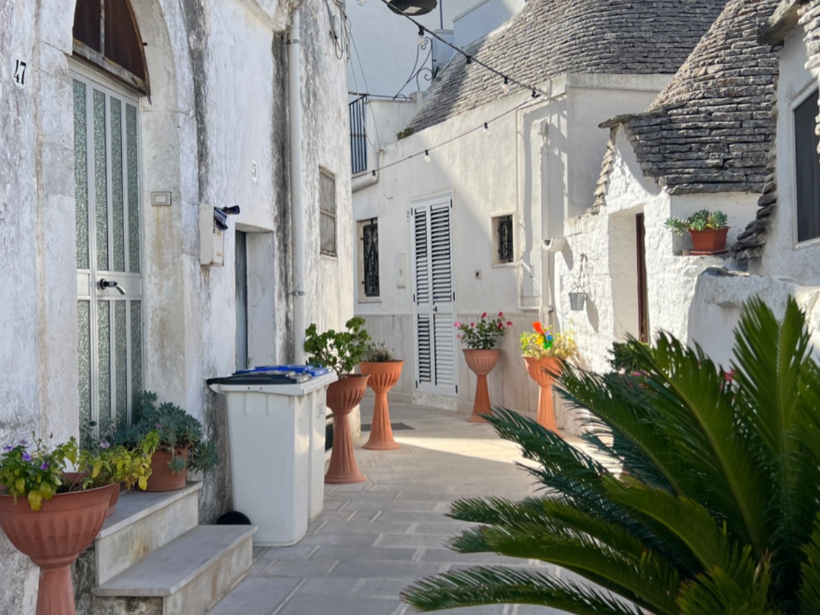 A narrow pathway between white houses during the daytime