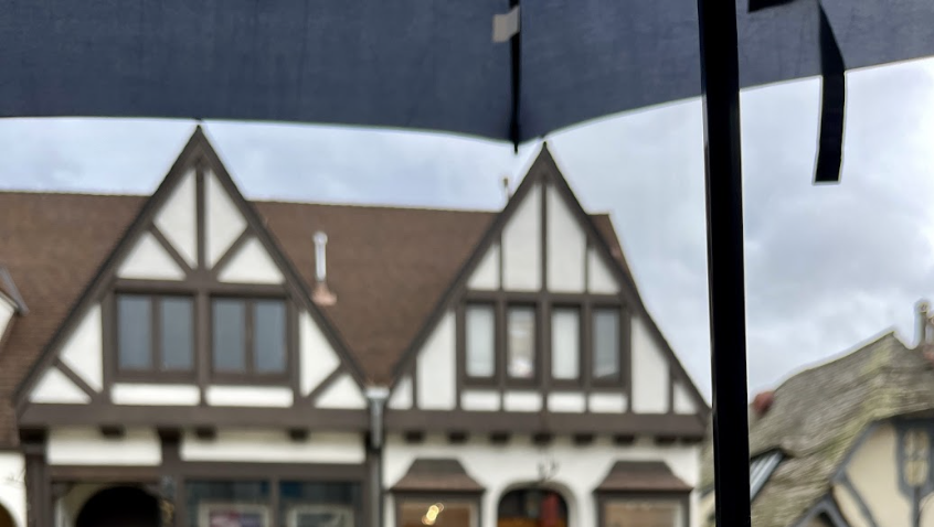 A person holding an umbrella in front of a European style building and parked cars on the side of a street.