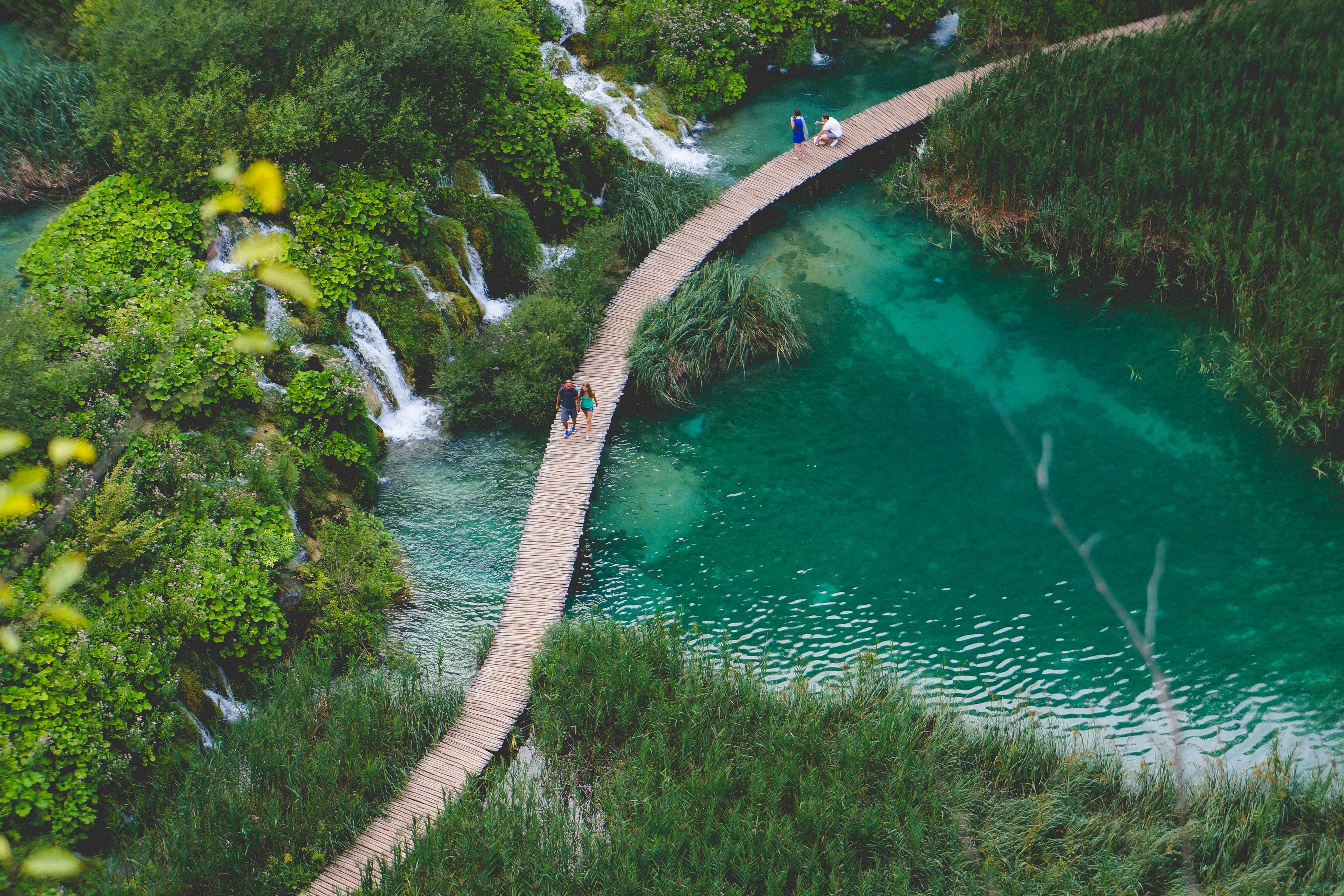 An aerial view of the wooden bridge along the river during the daytime.