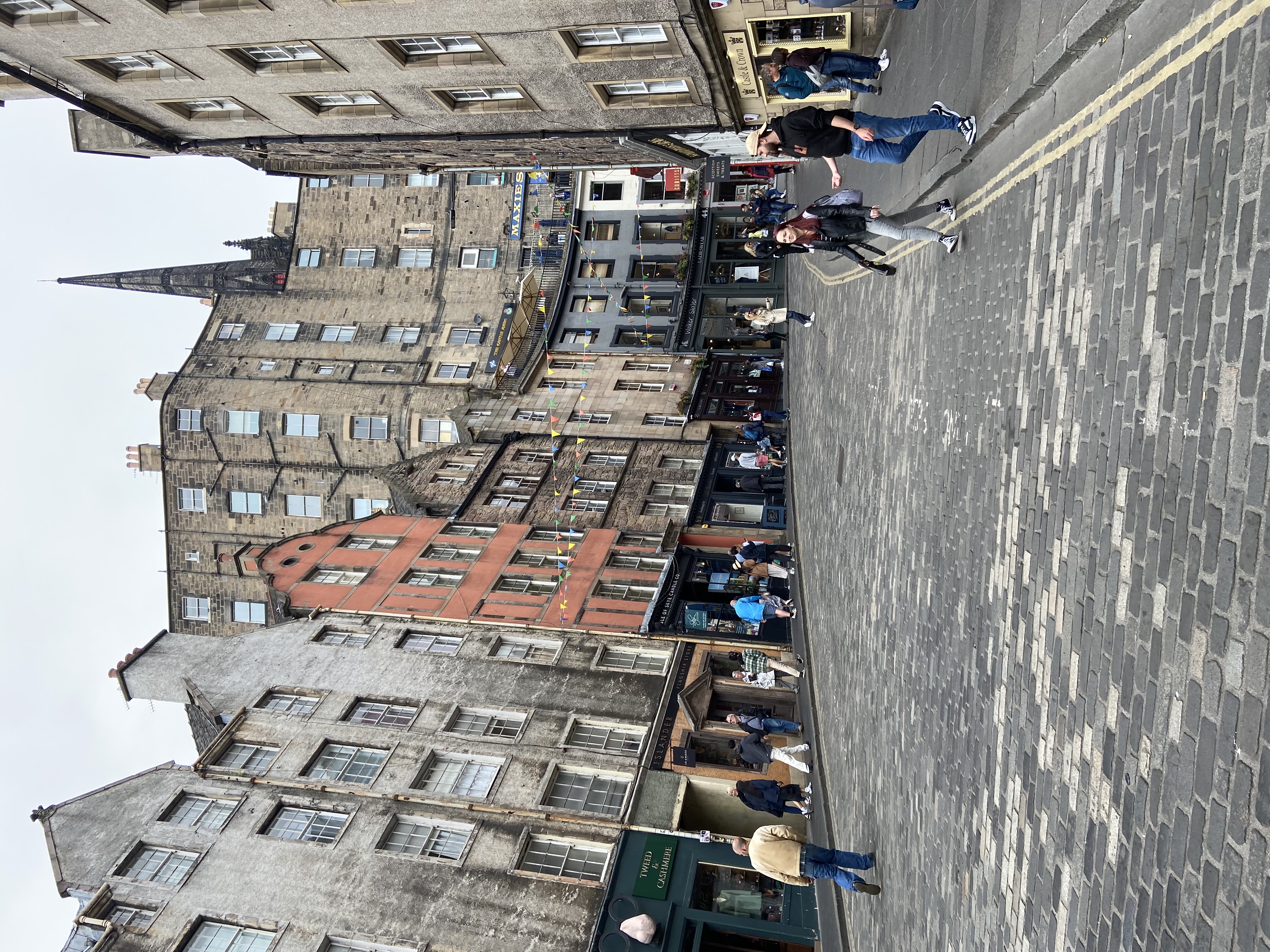 View of a street with shops and old buildings