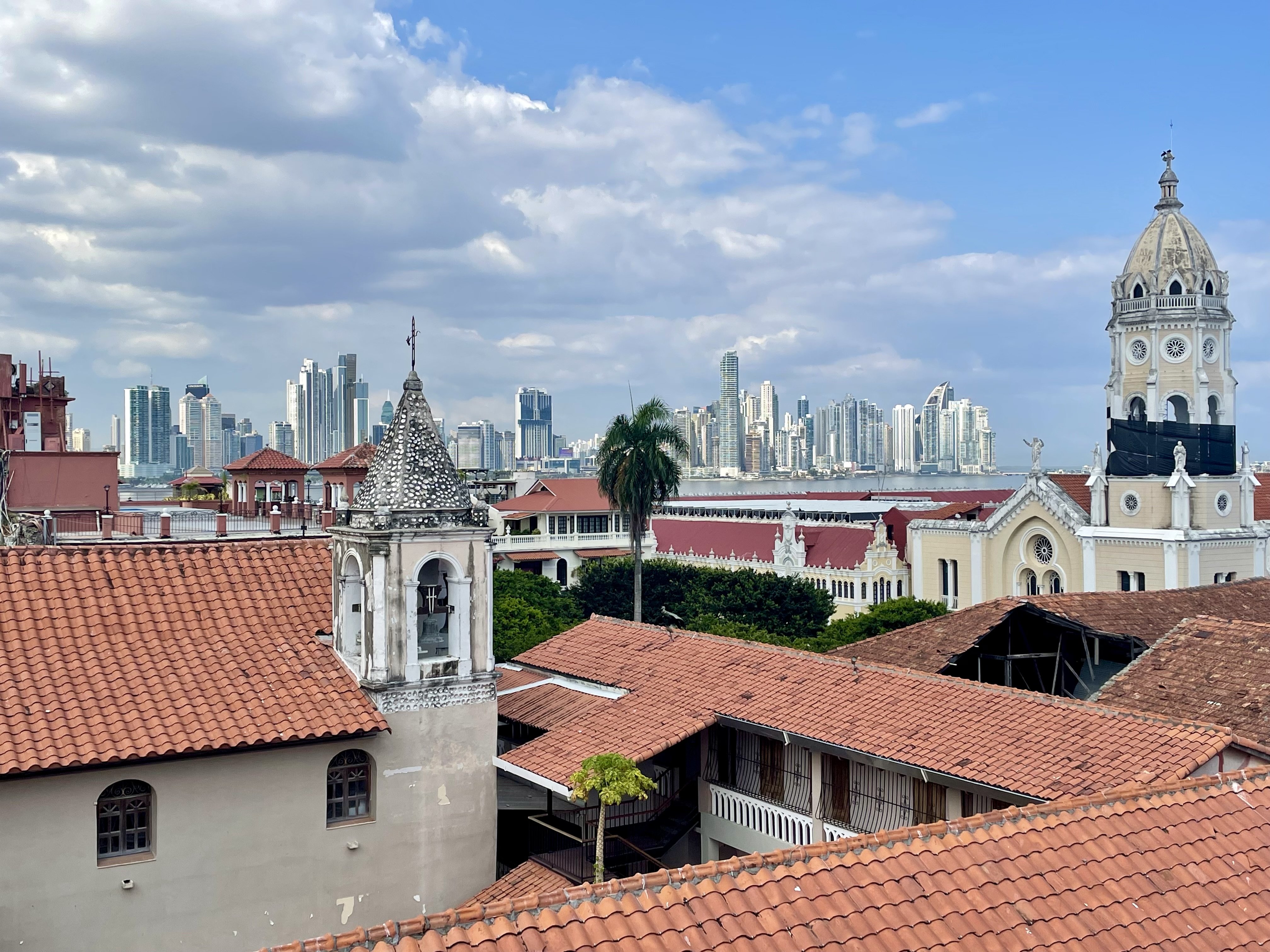 An aerial view of the buildings during the daytime.