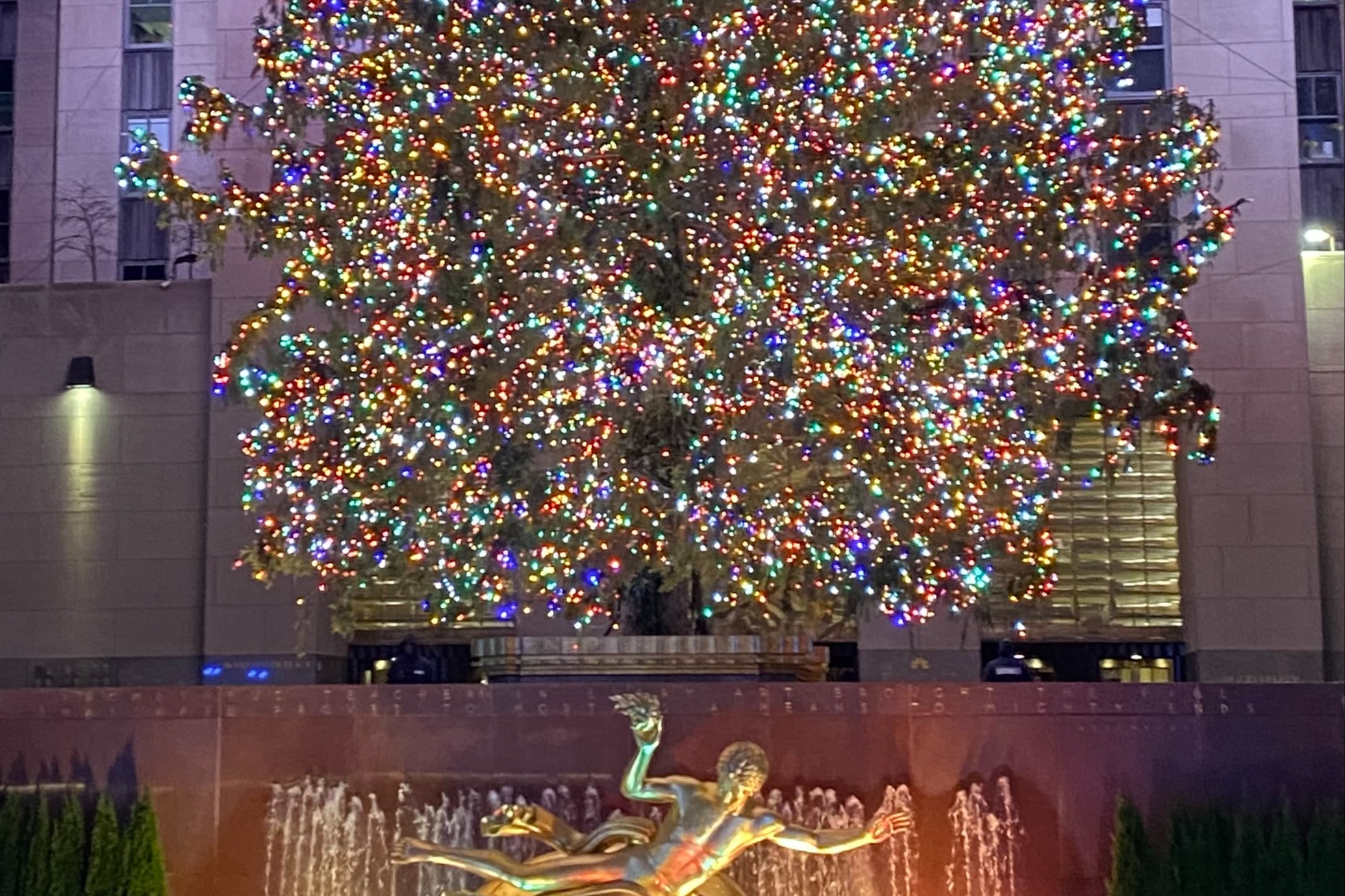 Lights of the towering Christmas tree at Rockefeller Center.