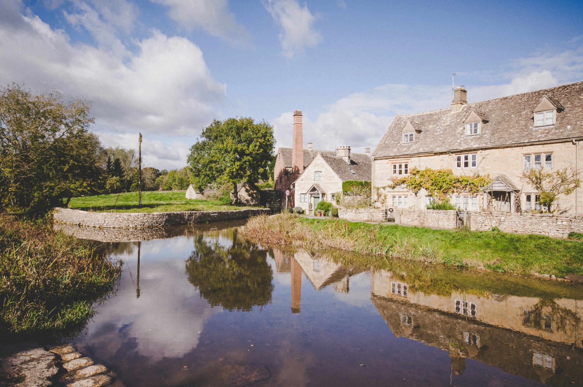 Ivory houses and trees near pond.