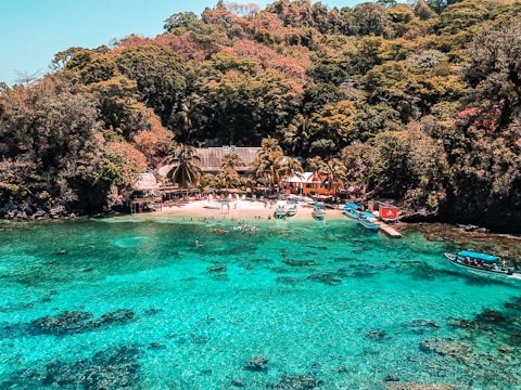 View of a beach with a hotel and boats across a turquoise bay with green trees behind.