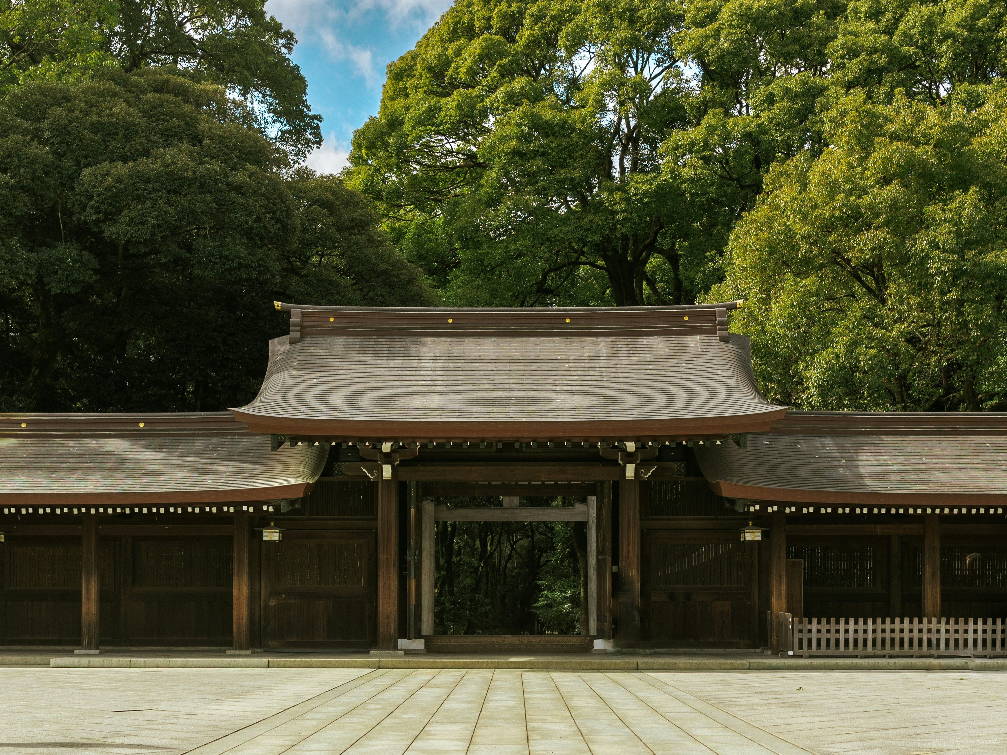 A picture of a brown shrine building under lush green trees.