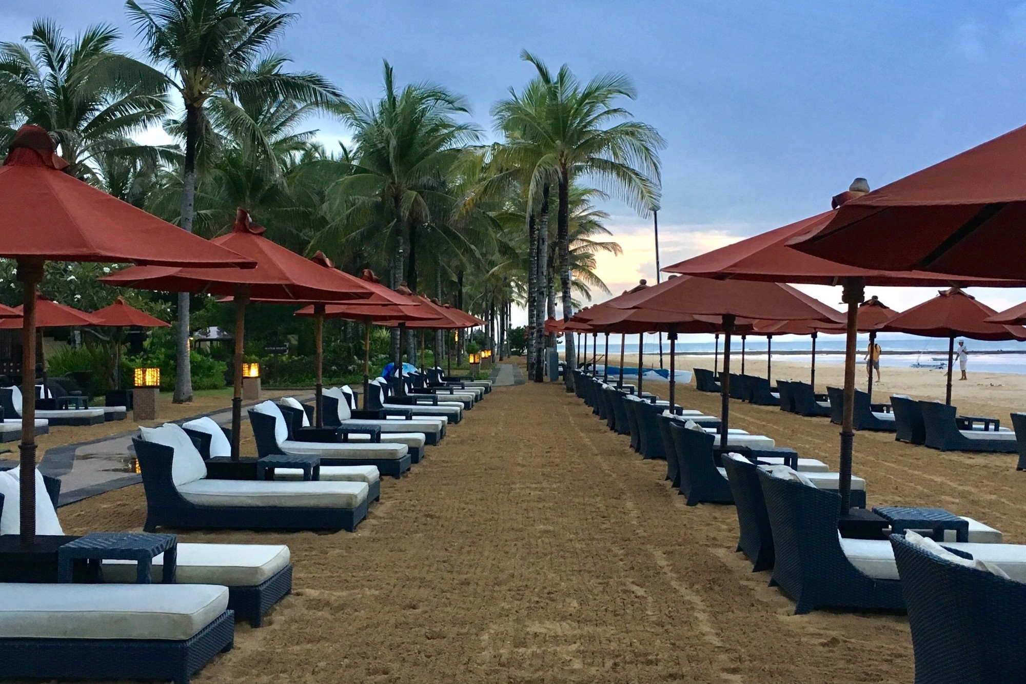 Beach chairs with red umbrellas and palm trees at a beach.