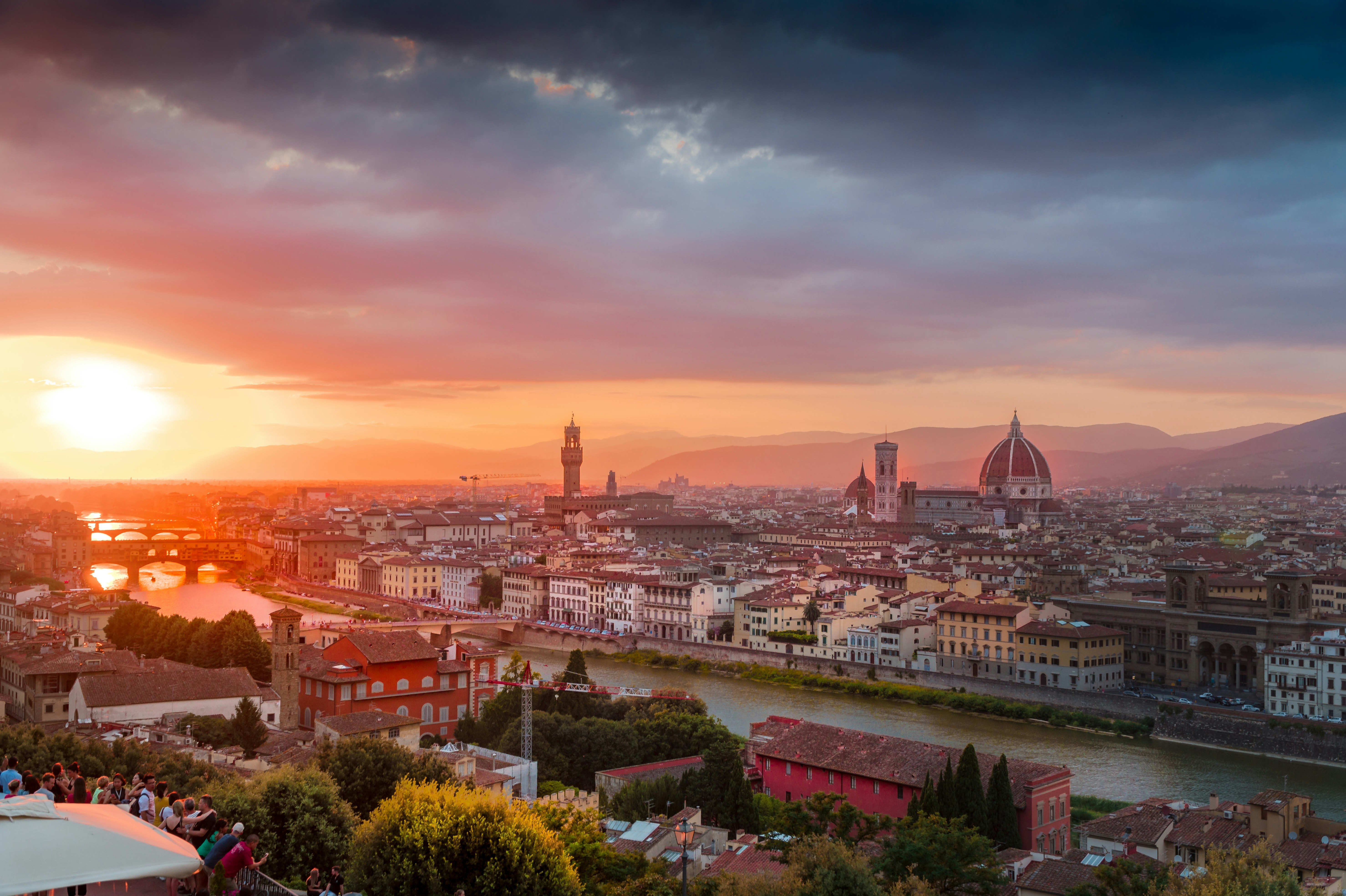 An aerial view of the city during the sunrise.