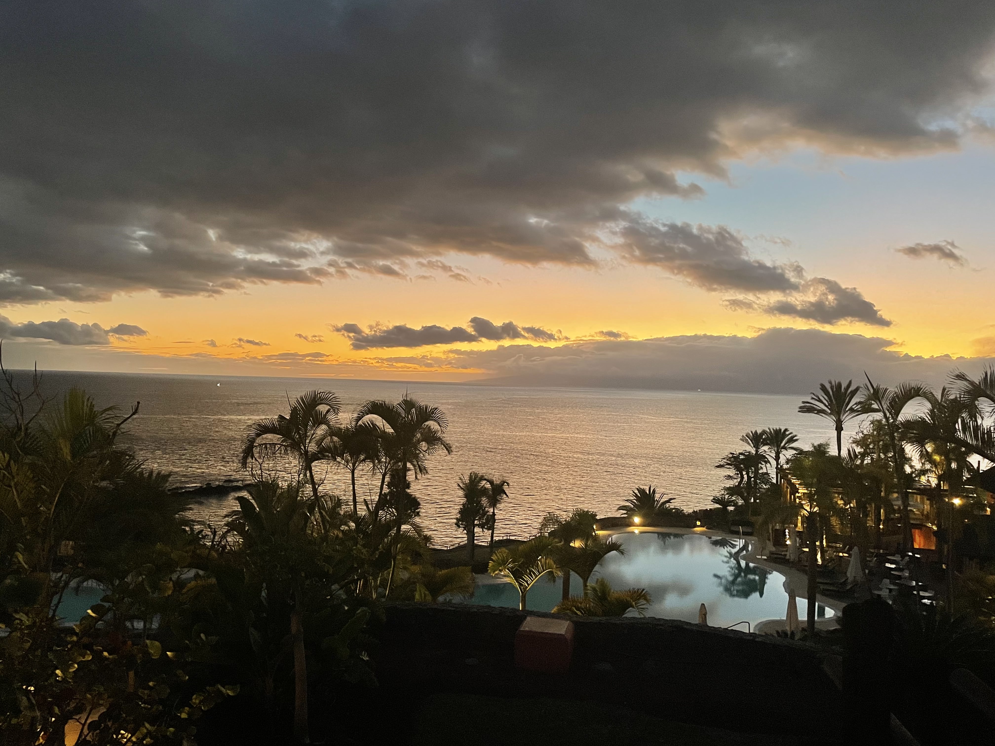 A beautiful view of palm trees, a swimming pool and the sea in the distance under a cloudy, yellow sunset.