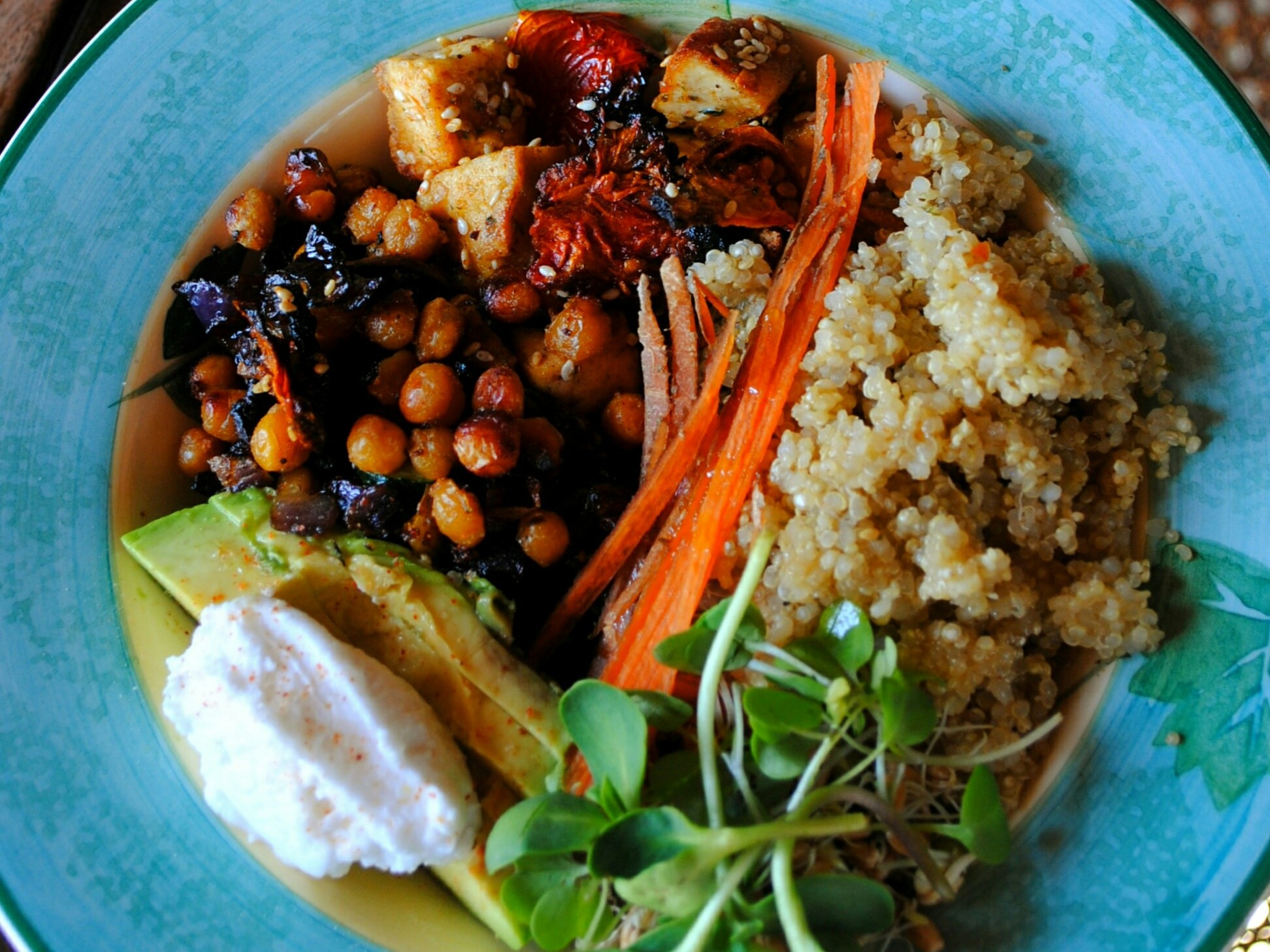 A blue plate full of food such as quinoa, micro-greens, carrots, protein, avocado, cream and more.