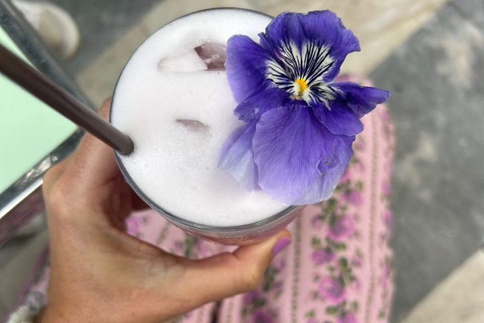 A drink with a purple flower garnish