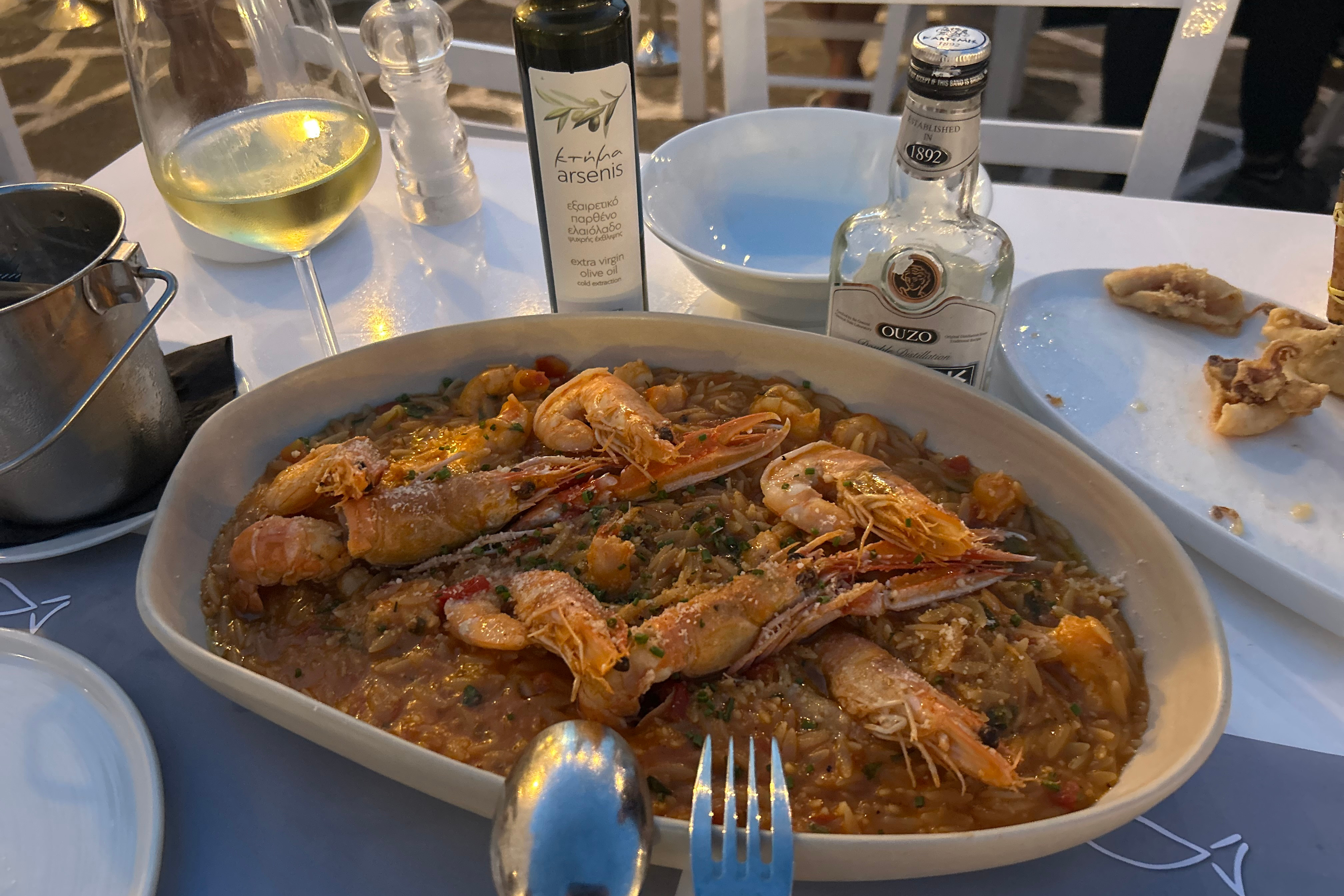 A picture of a dish made with shrimps served at a restaurant.