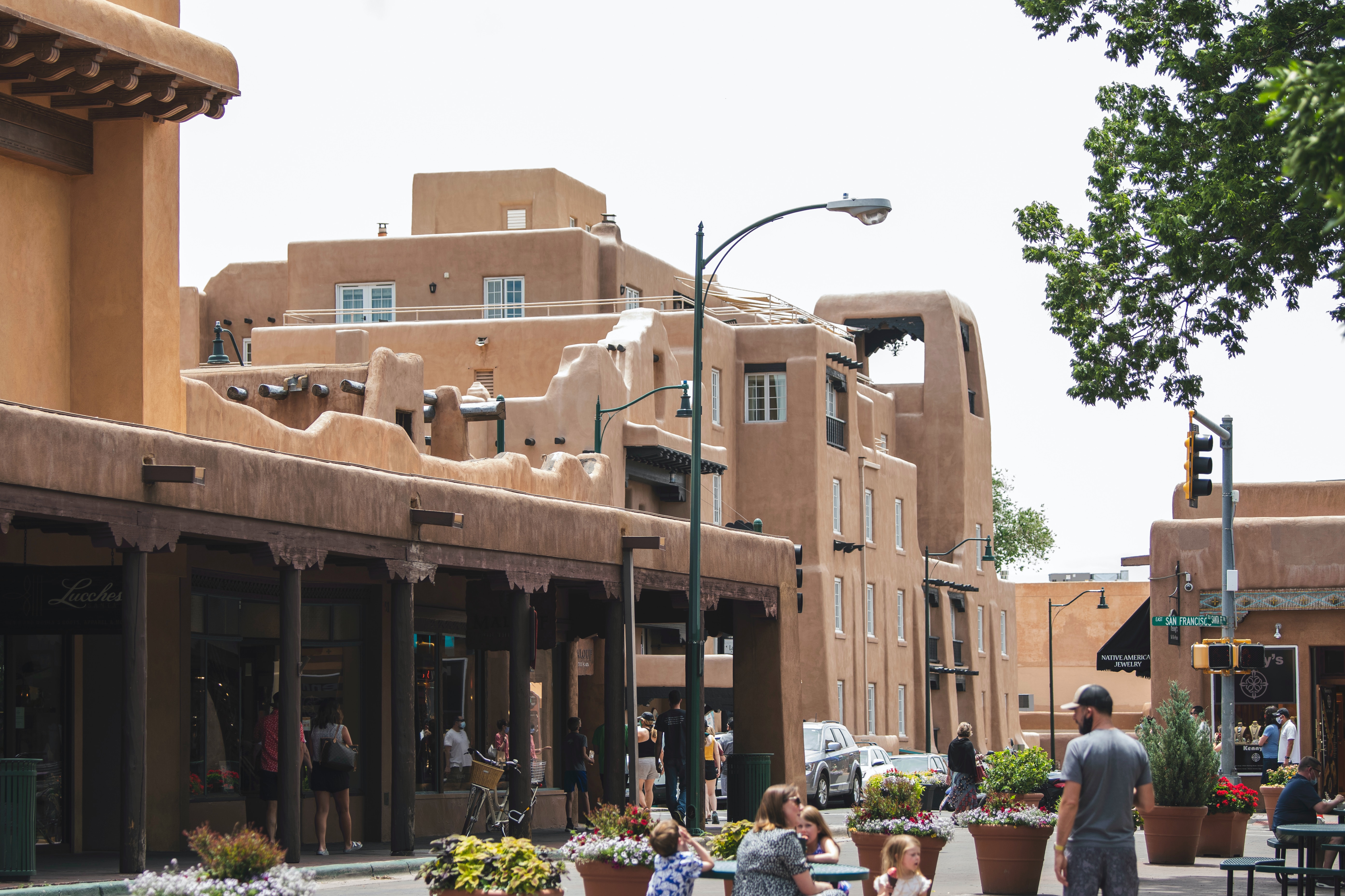 Downtown Santa Fe with people.