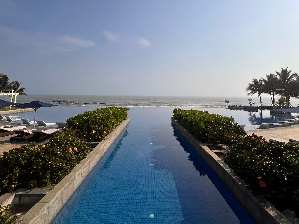 A beautiful view of a narrow swimming pool surrounded by green shrub, palm trees and a body of water in the distance.
