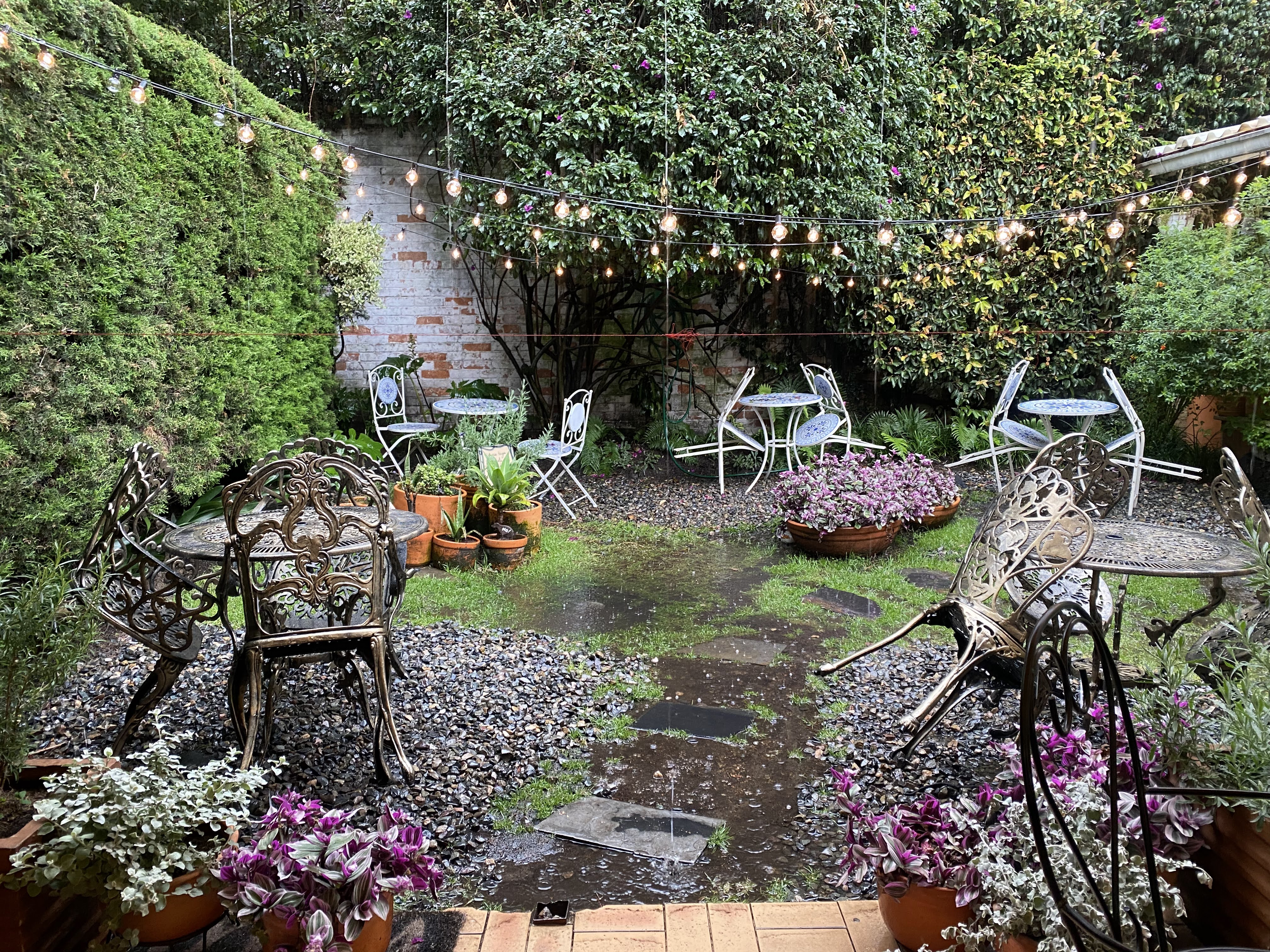 An outside dining area surrounded by trees