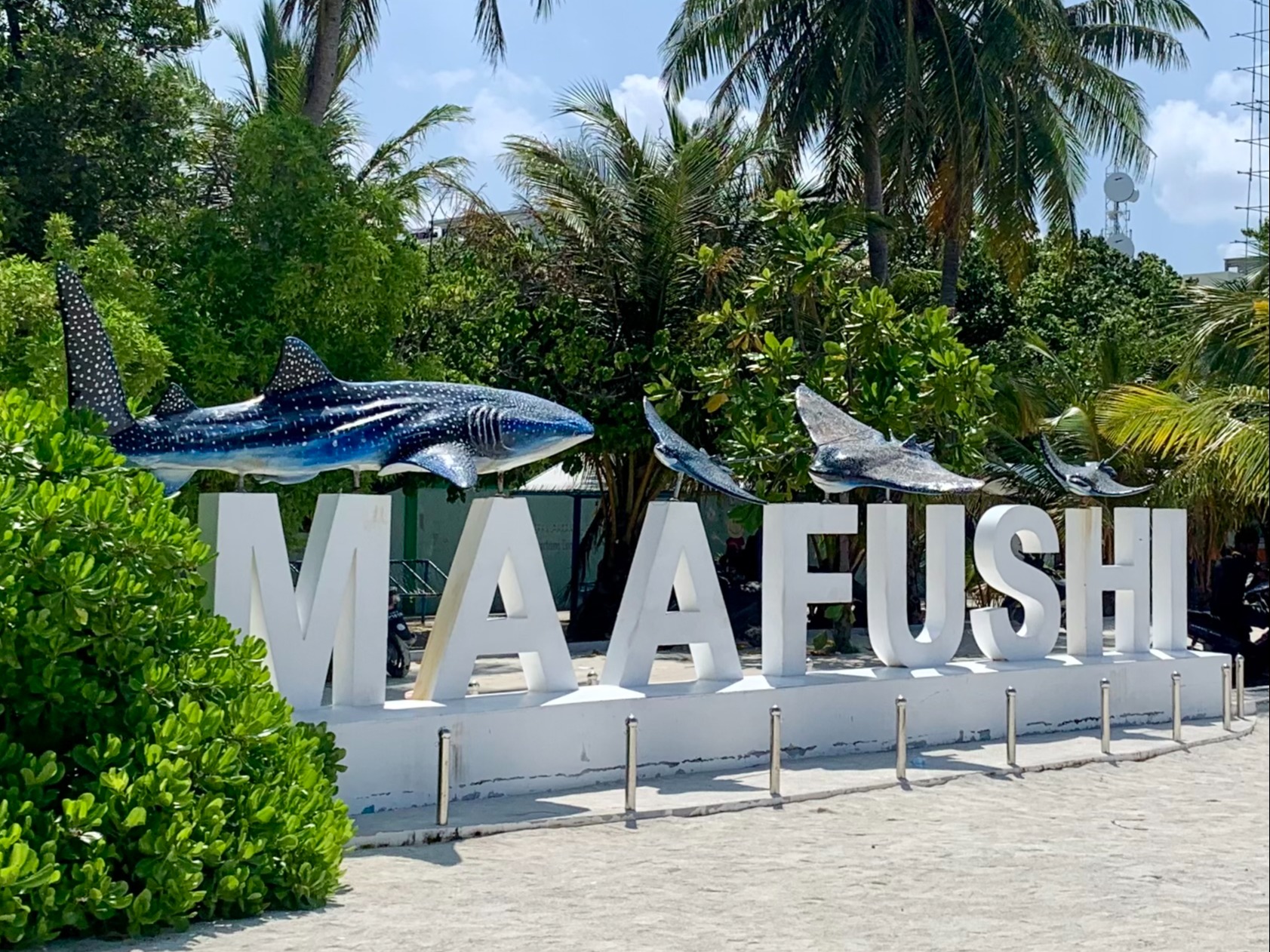 Maafushi landmark sign with blue sea creature statues on top and green trees surrounding it.