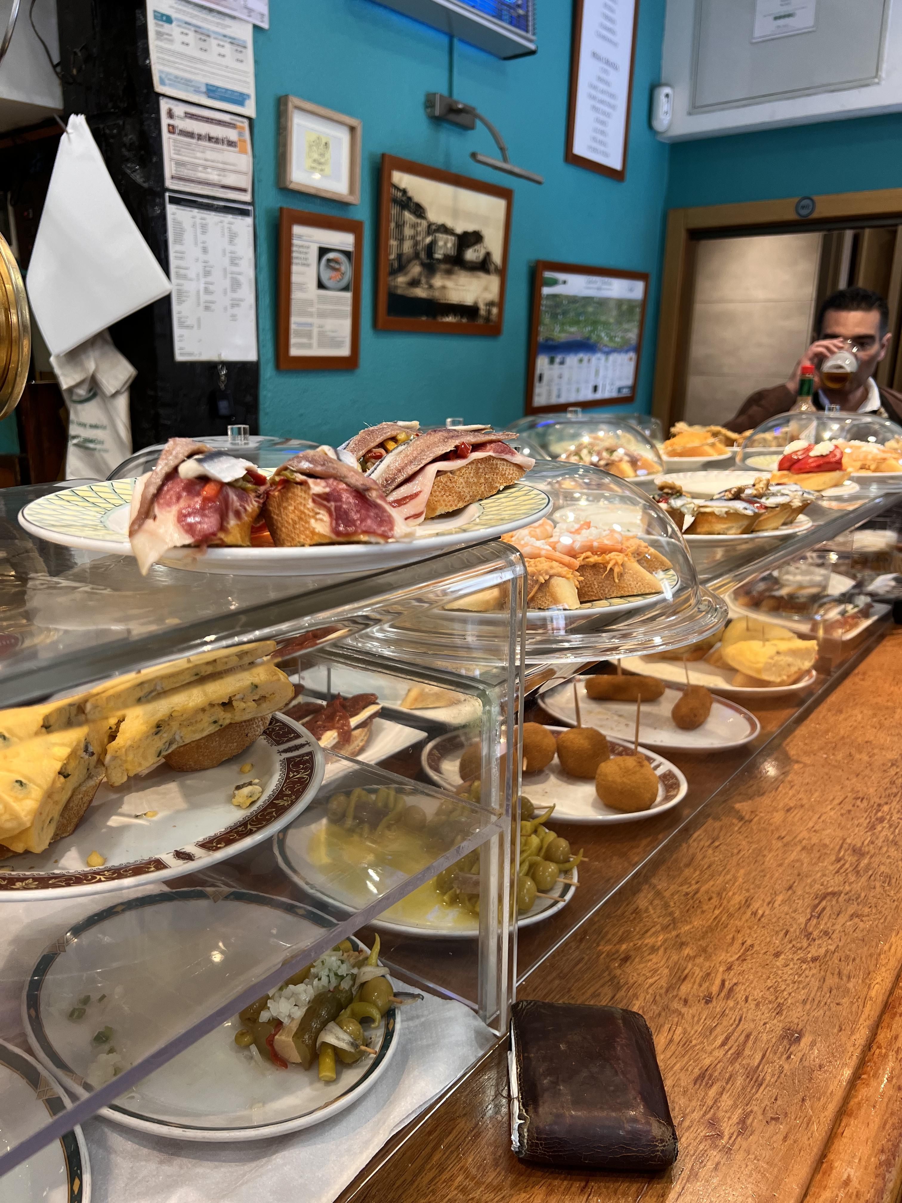 A display in a restaurant of a variety of tapas dishes