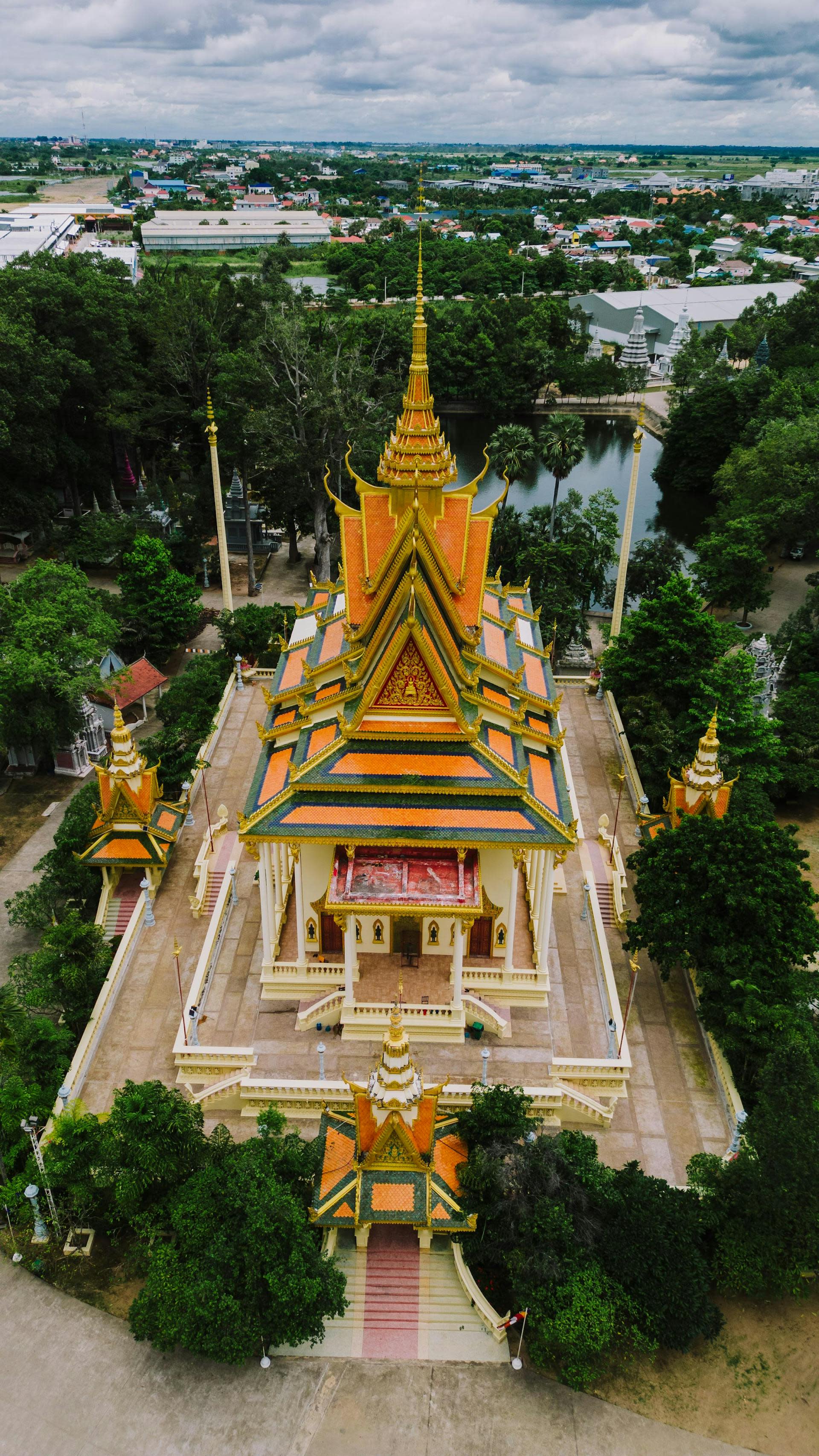 An overhead view of a large palace during the daytime