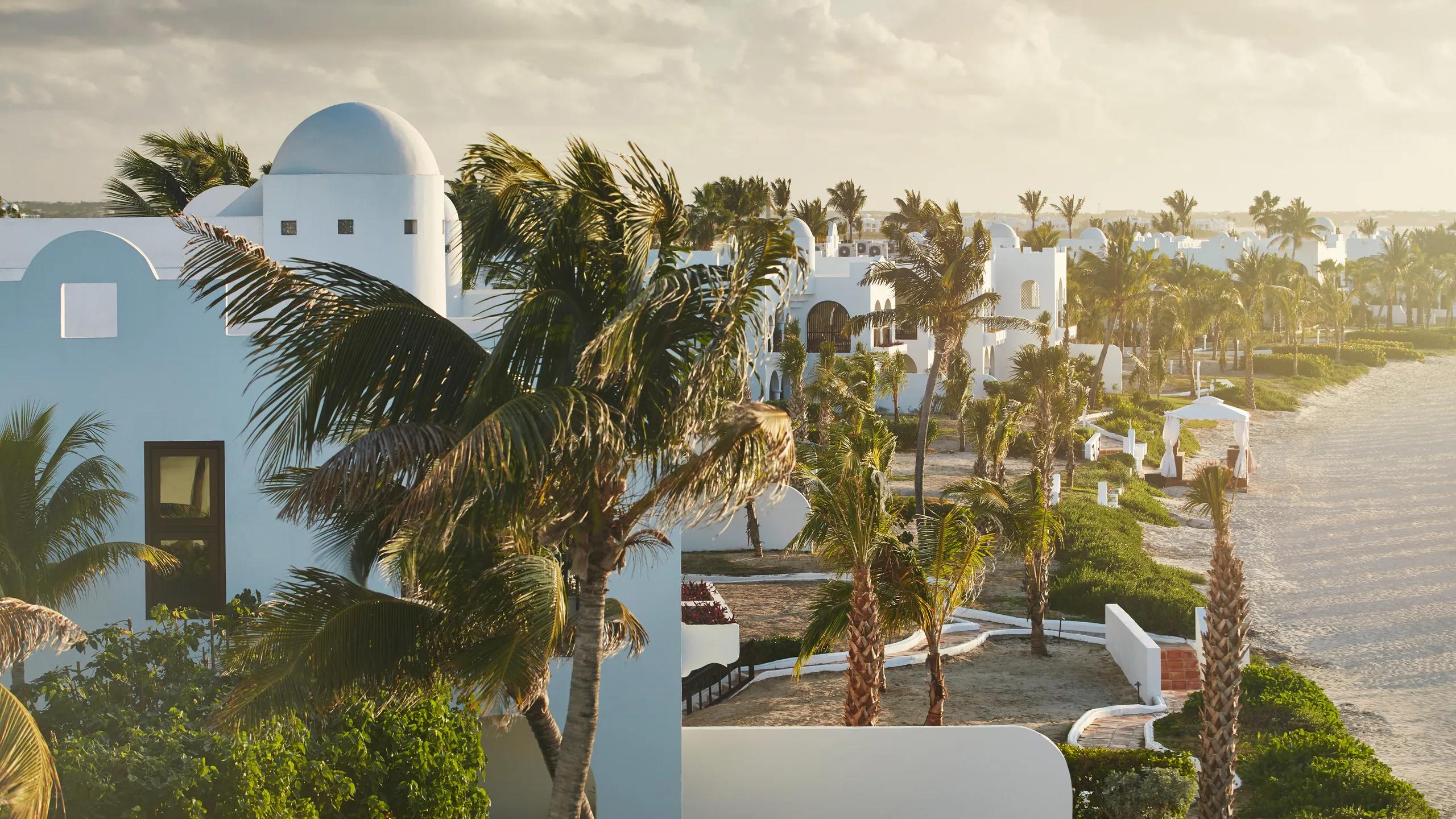 Photo of white buildings and palm trees on the water