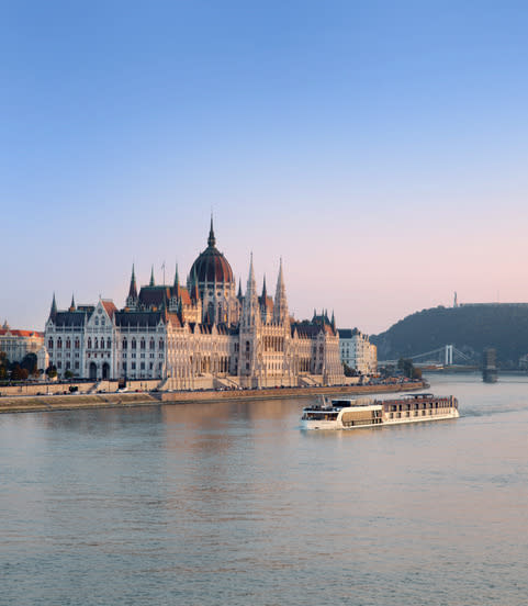 The image captures a cruise ship gracefully gliding through serene waters, with a majestic palace as a backdrop.