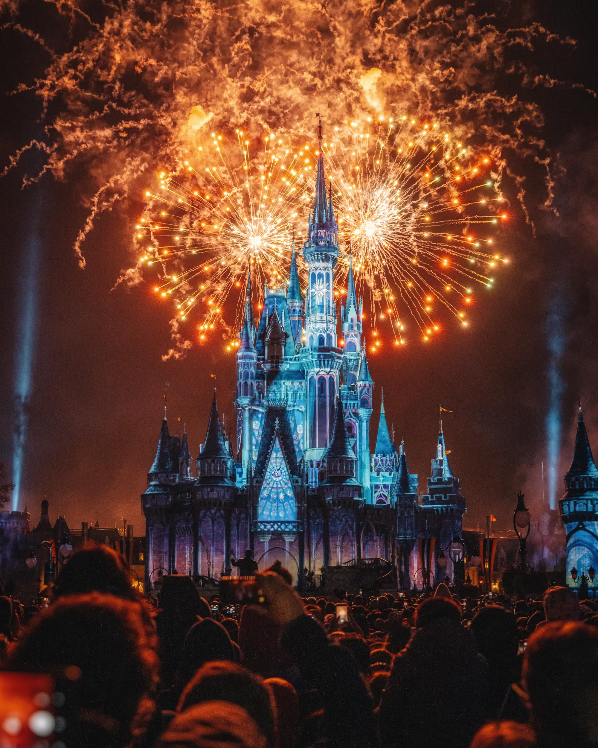 fireworks behind a Disney castle