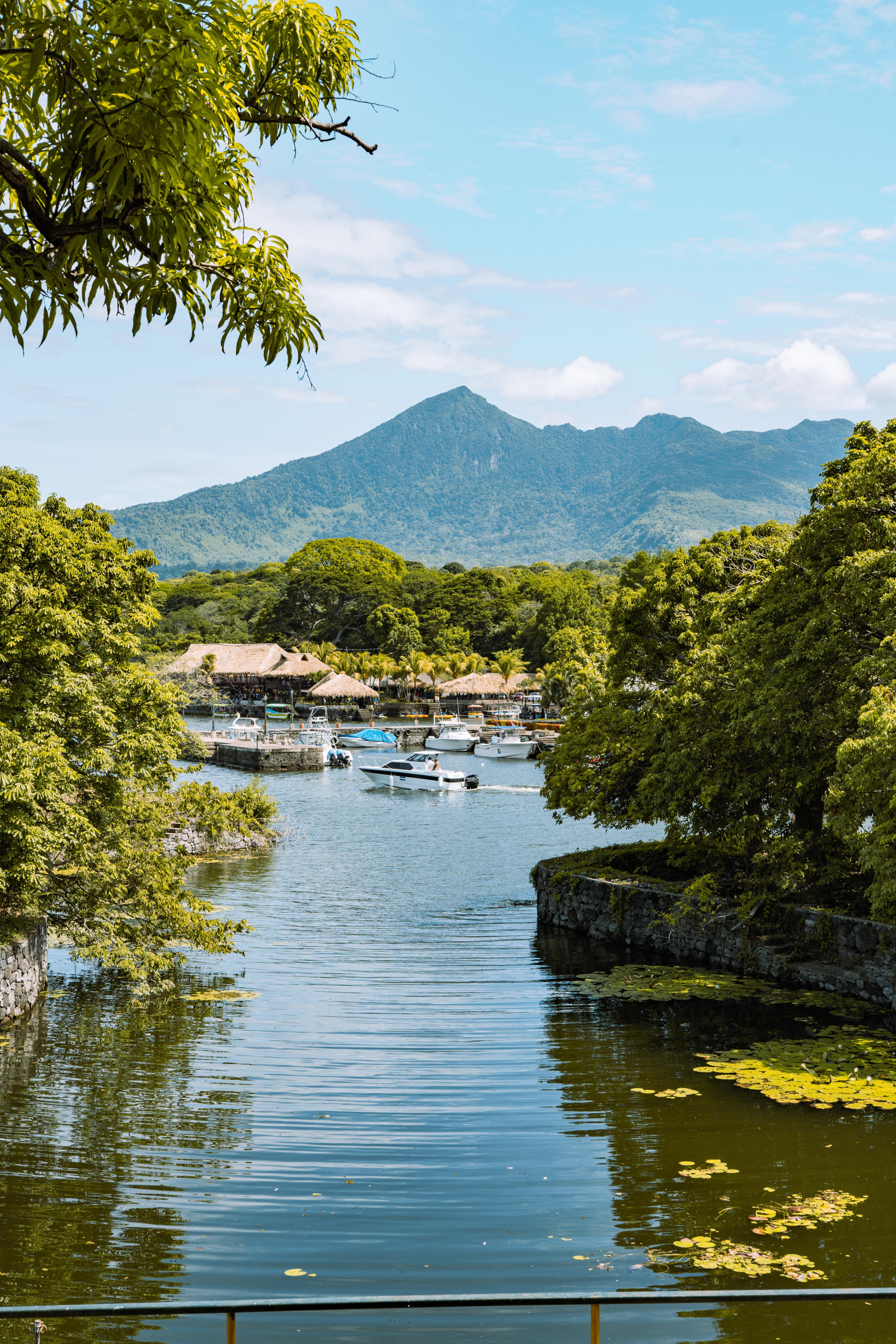 still lake surrounded by lush trees with mountains in the background