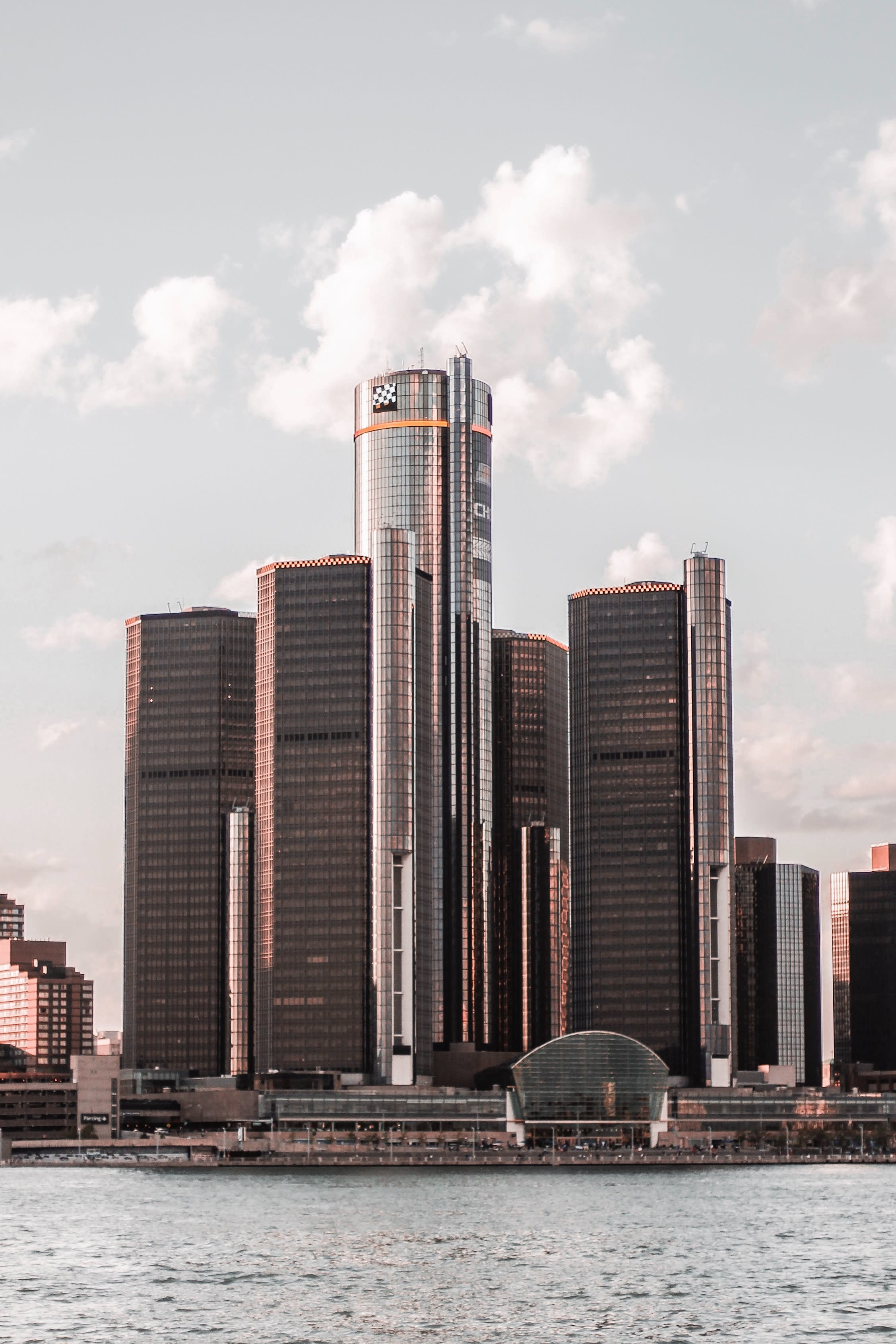 Downtown Detroit buildings and waterfront.