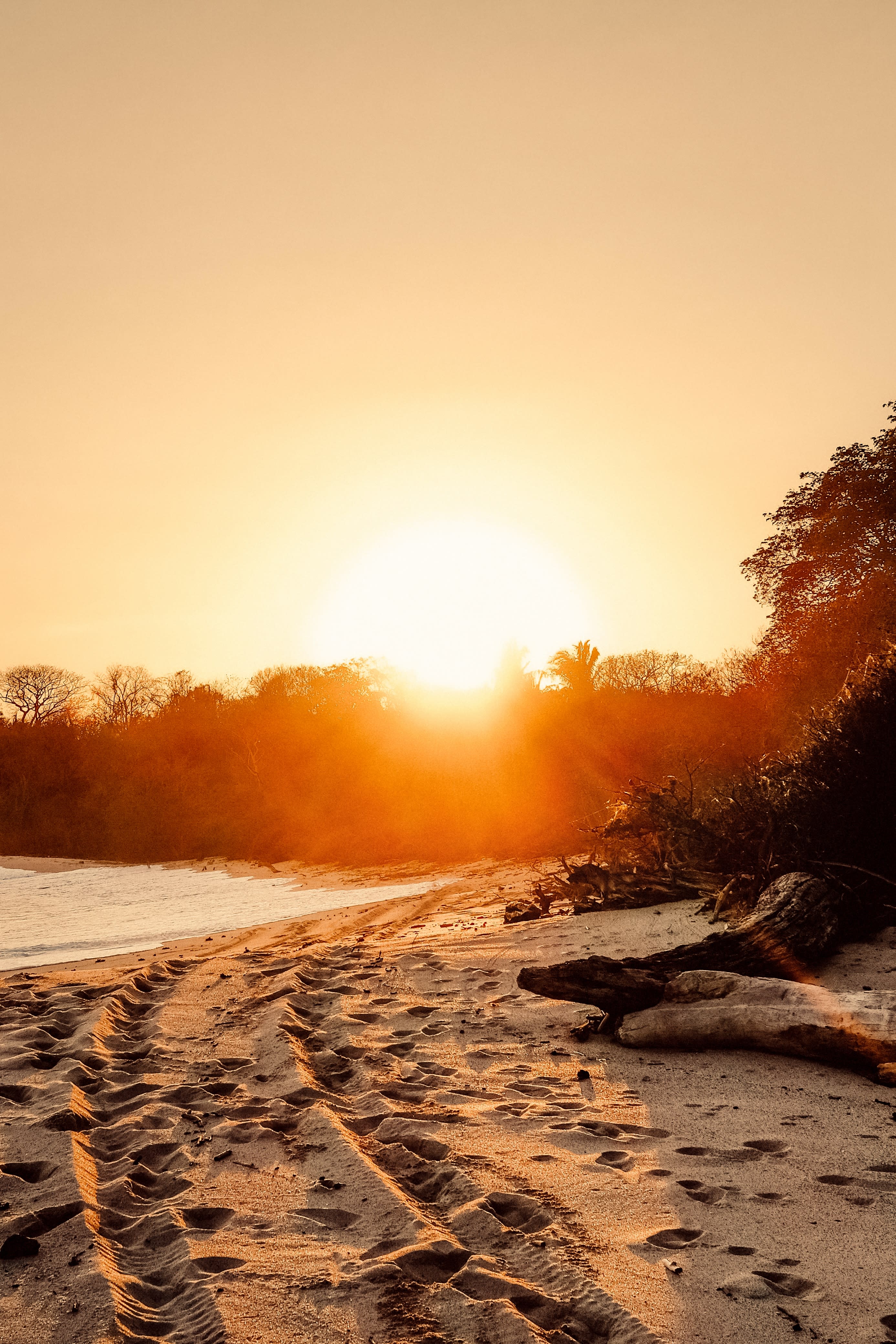 The sun is getting over a beach with tracks in the sand.