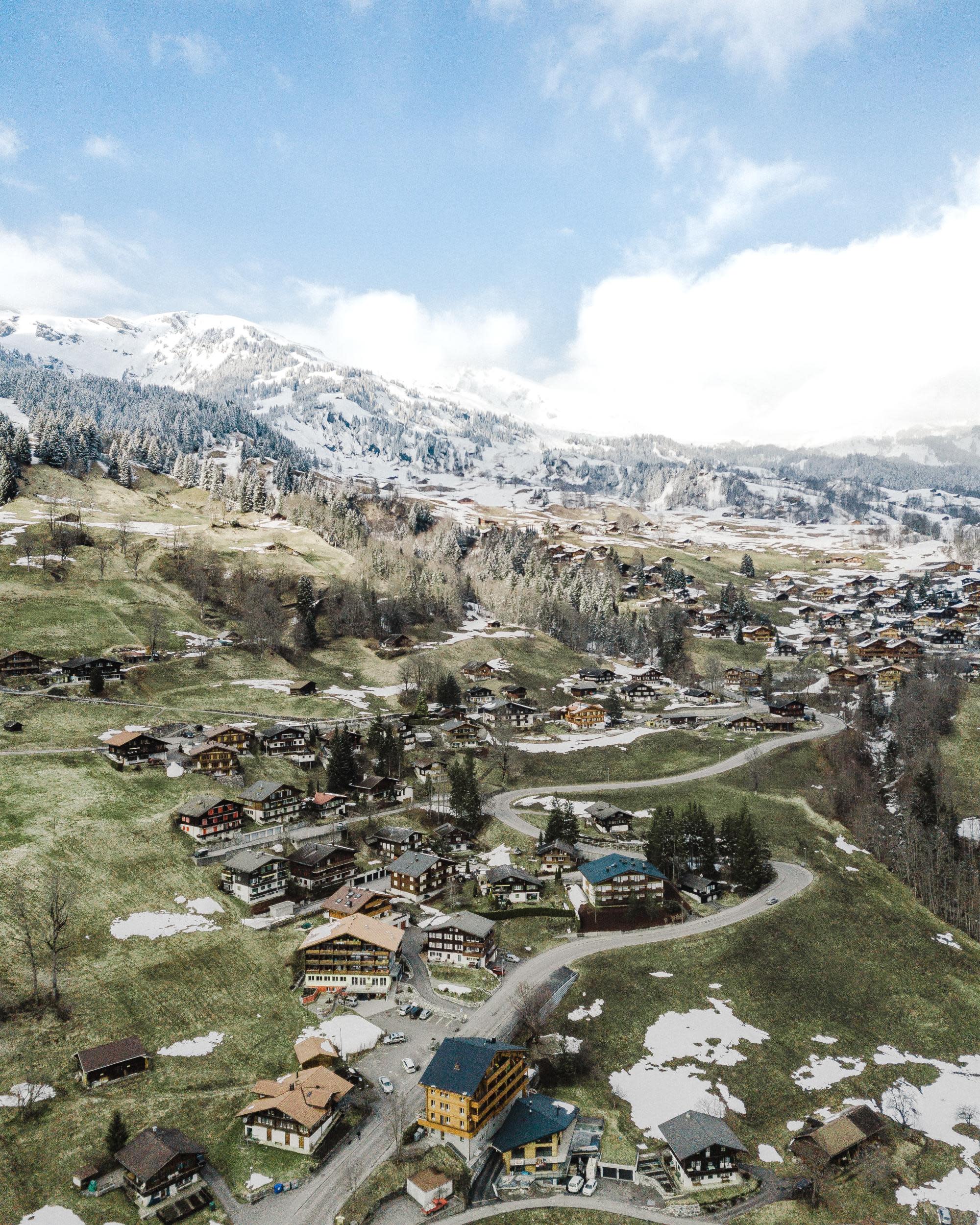 aerial view of a grassy town dotted with houses amidst snowy mountains