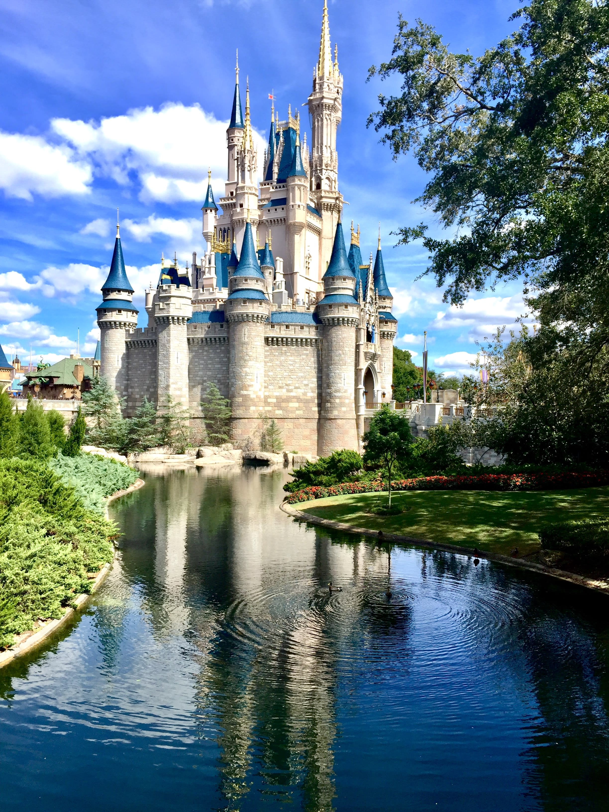A castle in front of a lake.