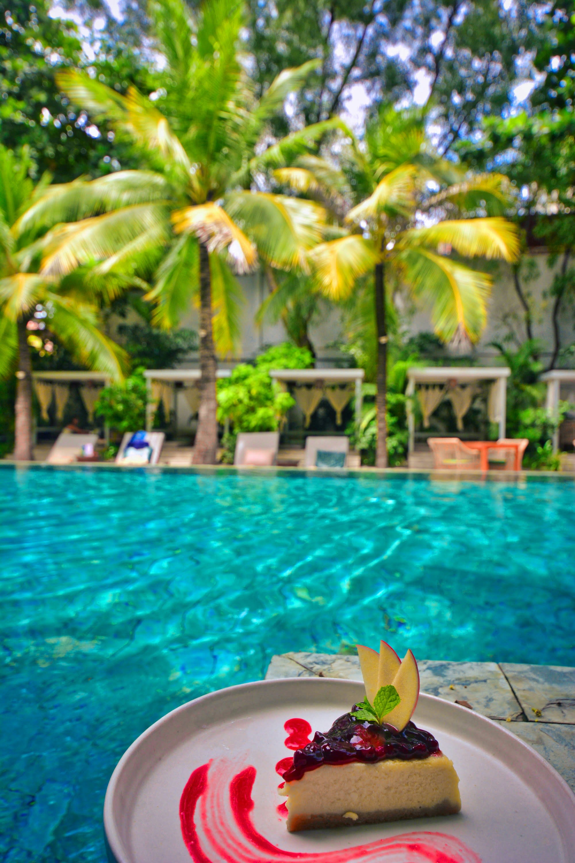 A tropical poolside dessert scene with a slice of cheesecake on a white plate, ready to be enjoyed in the sunny ambiance.