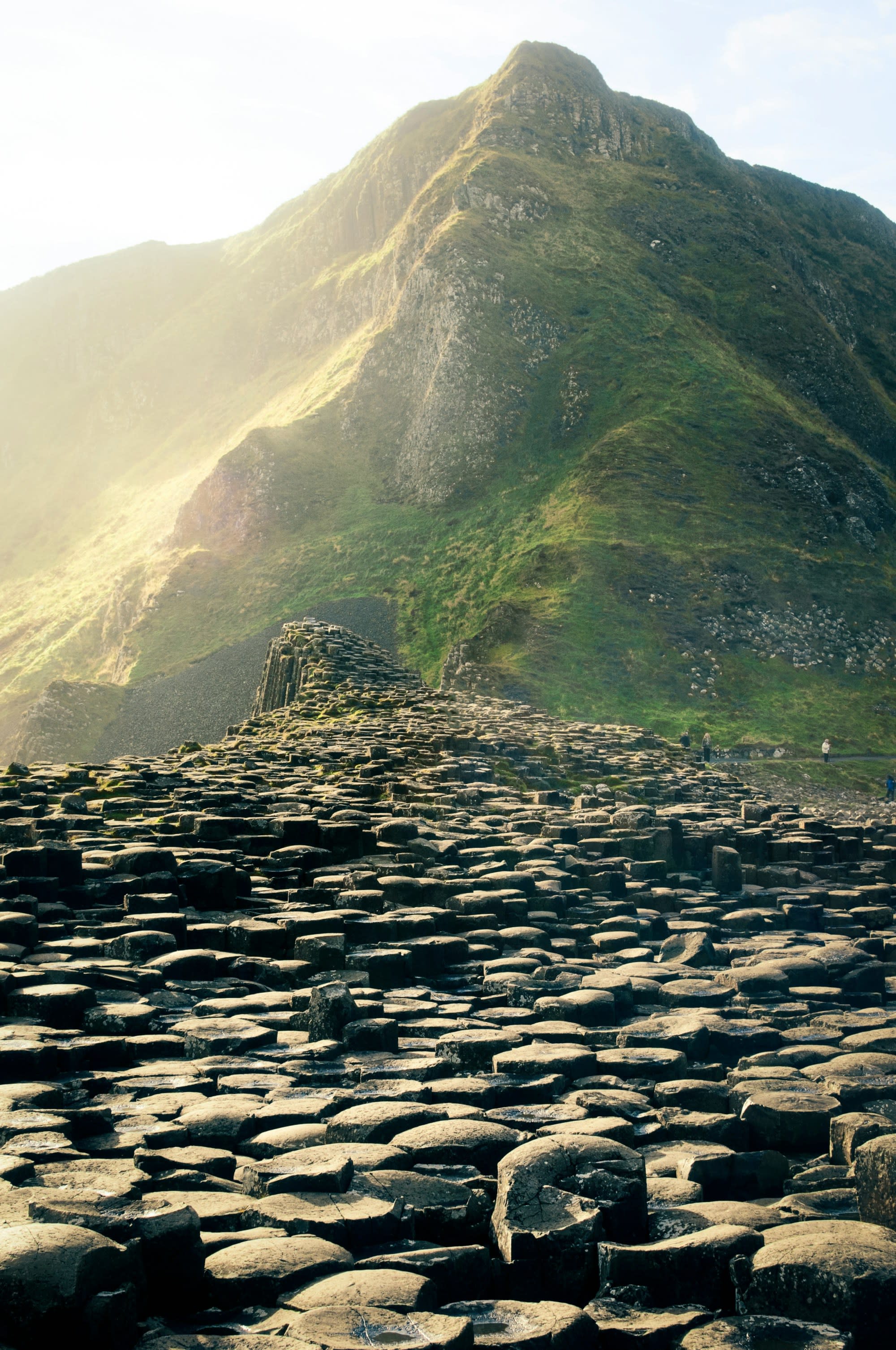 A pile of rocks in front of a large green mountain.