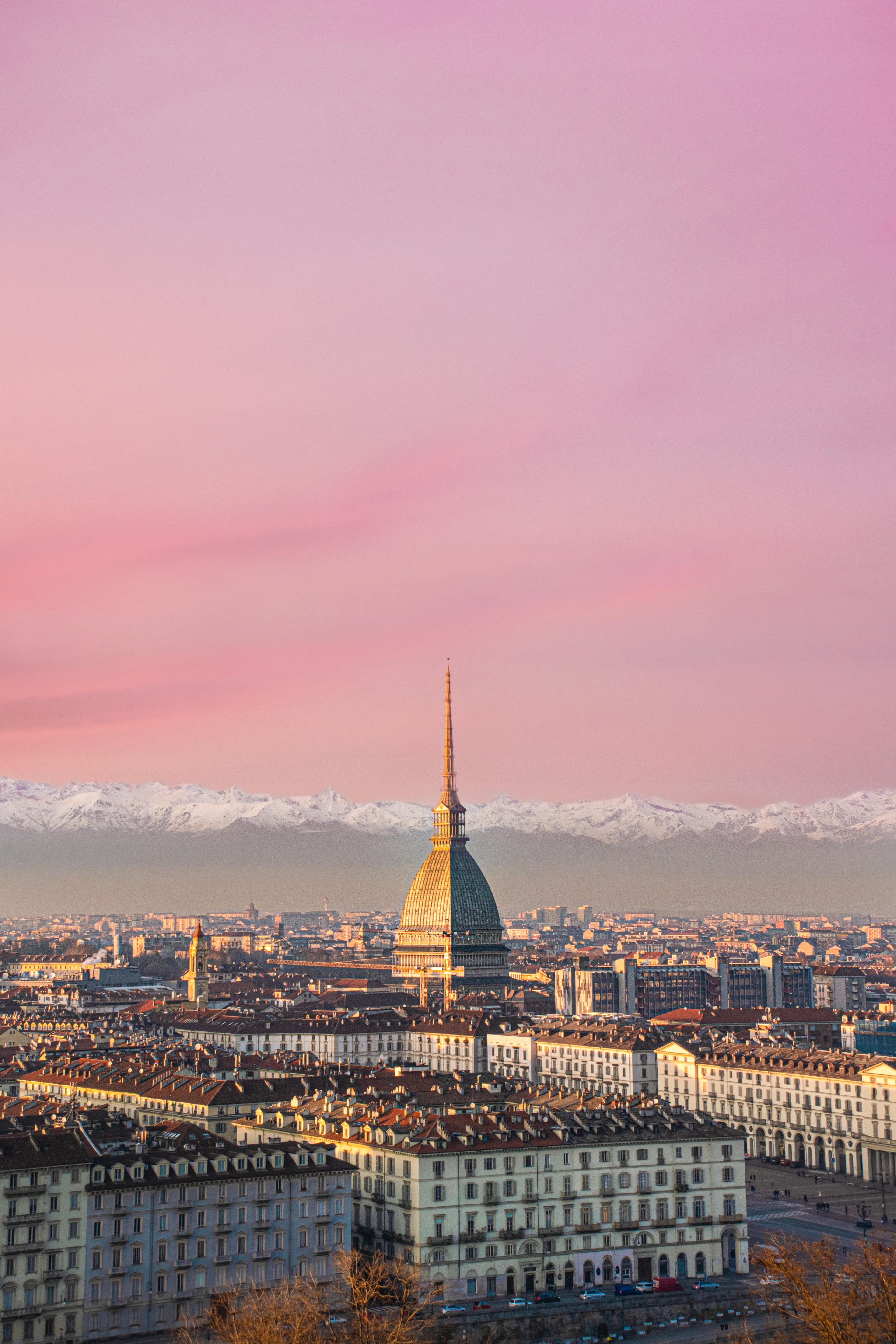 View of Torino, Italy with a pink sky
