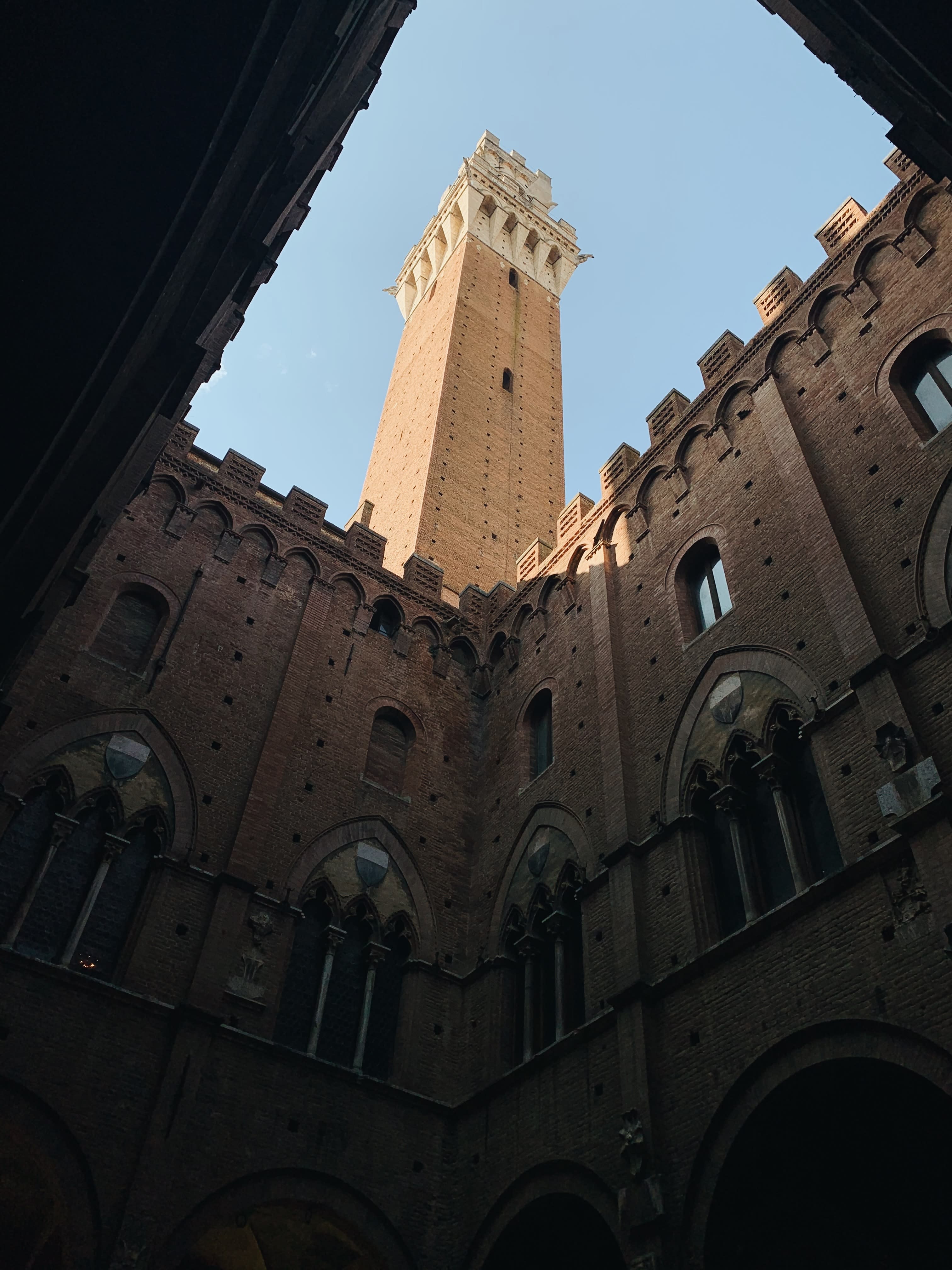 Upwards view of Piazza del Campo in Siena, Italy